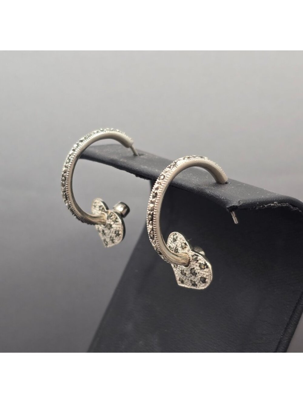 Sterling Silver Marcasite Heart Hoop Earrings Removable Charms 2 In 1 Style - Picture 2 of 13